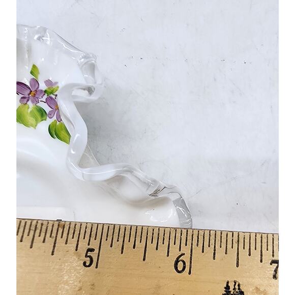 Vintage Fenton Silvercrest Ruffled Violets In The Snow Bowl Hand Painted Signed - Picture 5 of 5